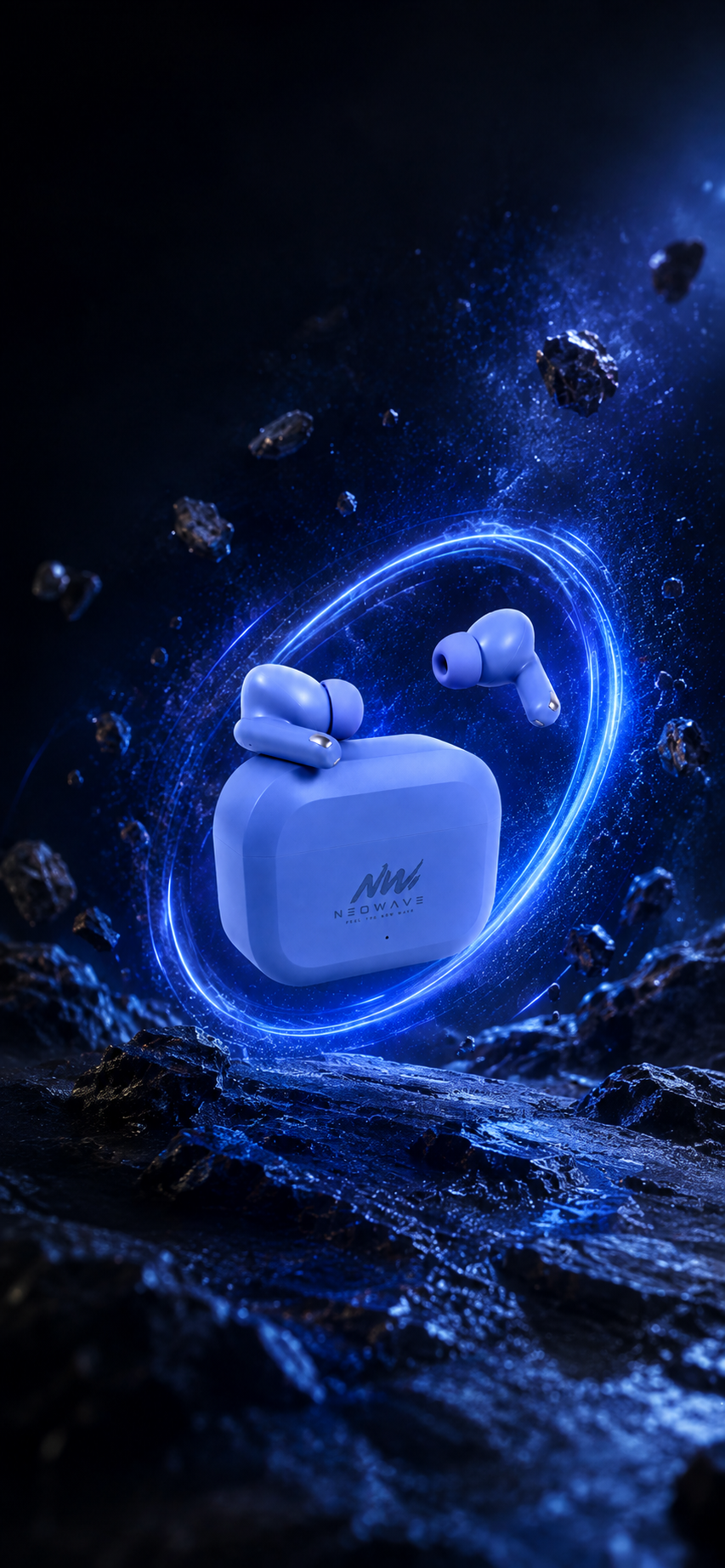 Neowave blue wireless earbuds resting on their charging case