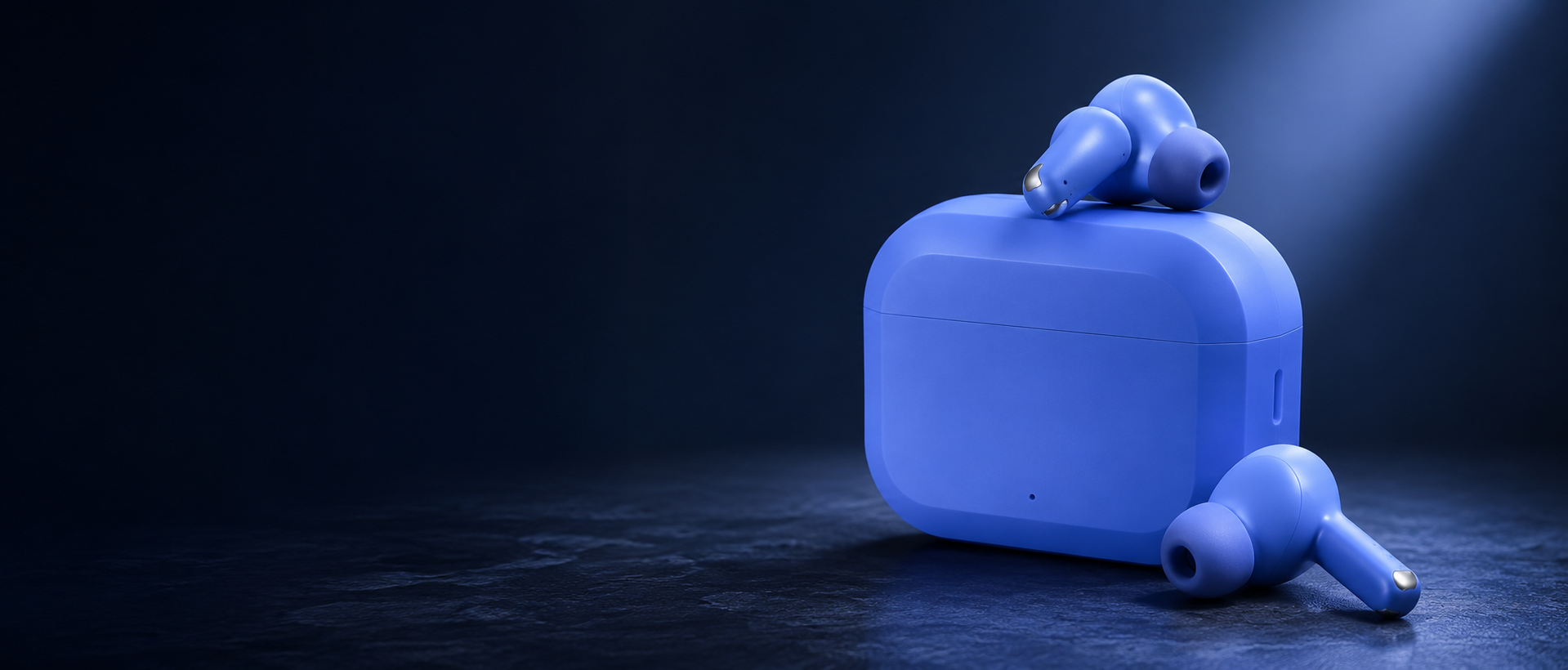 Neowave blue wireless earbuds resting on their charging case